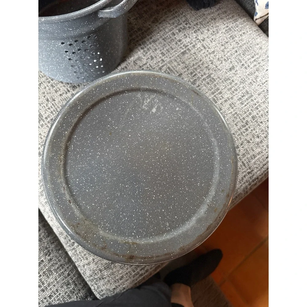 Vintage Grey Speckled Granite Ware Enamel Steamer Pot Set with Lid 3 Piece